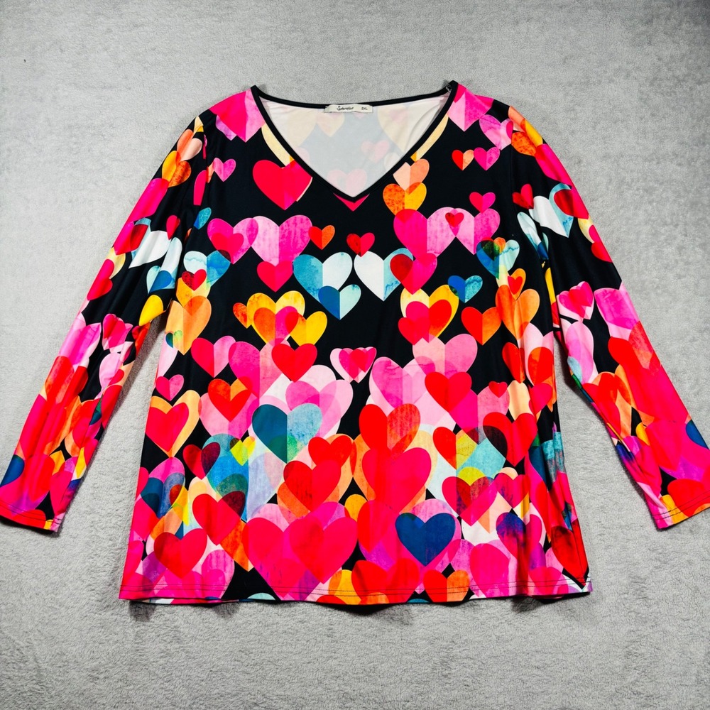 Sakurafina Heart Print Top Womens 2XL Multi Color Long Sleeve V-Neck Stretchy